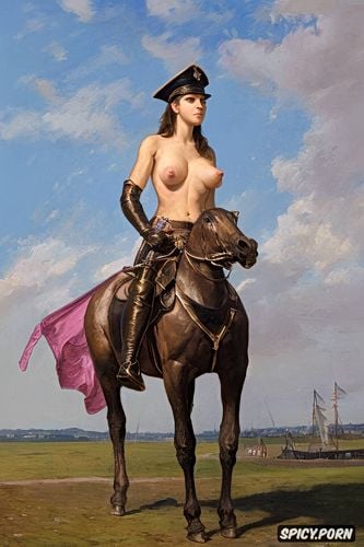 low angle shot, female officer, pink nipples, equus, glistening light reflective