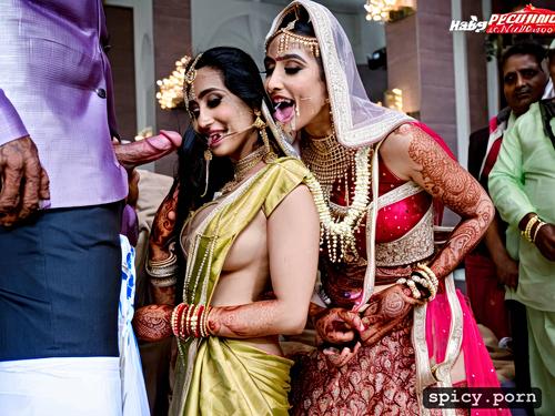 the standing beautiful indian bride cue faces in public takes a huge black dick in the mouth and giving blowjob to the man get covered by cum all over his bridal dress and other people cheer the bride realistic photo and real human