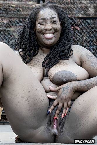 full naked body, smiling face, female, flat hanging saggy breast