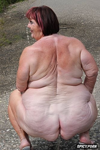 rear view, squatting, white granny, pastel colors, naked, hyperrealistic pregnant pissing muscular thighs red bobcut haircut tanned