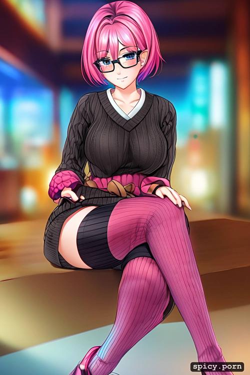 short hair, large round glasses, striped socks, busty japanese woman
