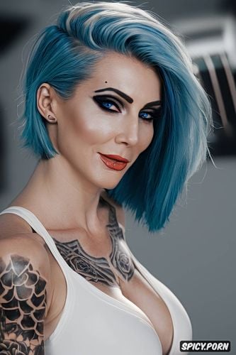 stunning face, halloween, tattoos, short hair, cosplay, blue hair