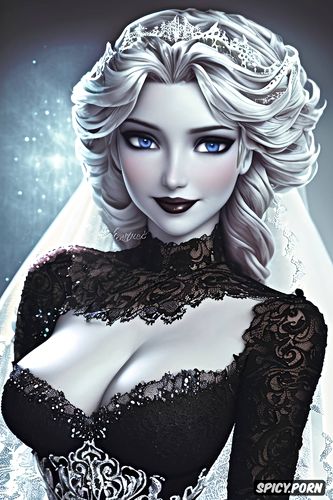 high resolution, ultra realistic, k shot on canon dslr, elsa disney s frozen beautiful face young tight low cut black lace wedding gown tiara no make up masterpiece