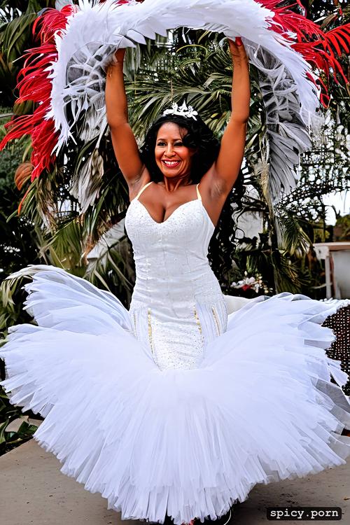 intricate beautiful dancing costume, 67 yo beautiful white caribbean carnival dancer