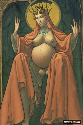 crown glowing, classic, virgin mary nude, halo, holy, holding a small ball