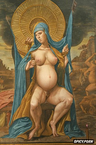 pregnant, classic, halo, spreading legs shows pussy, middle ages painting