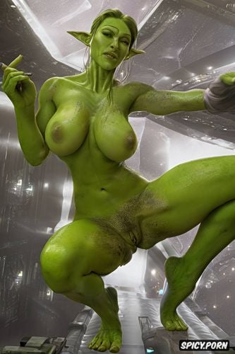 green skin, bottle in pussy, ogre woman shows extremely giant monster huge gaping pussy hole