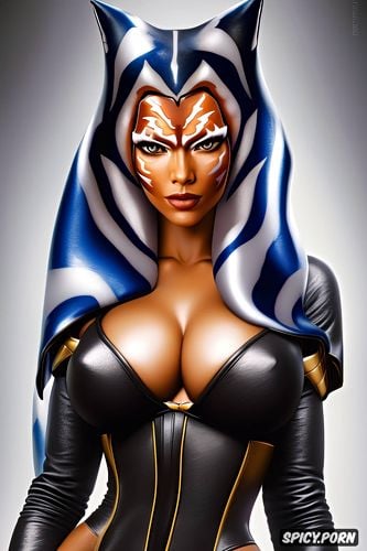 high resolution head shot, ultra detailed, ahsoka tano star wars ahsoka beautiful face slutty black jedi robes small perky natural breasts