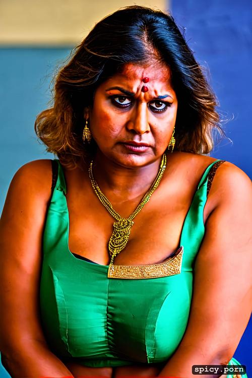 chubby, mature woman, indian, in a classroom, angry, huge boobs