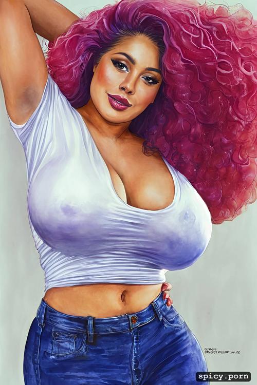latina woman, 20 years, curly hair, massive tits, pink hair