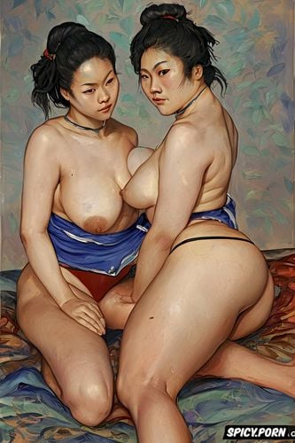 egon schiele painting, fat thighs, long legs, wide hips, two asian lesbians