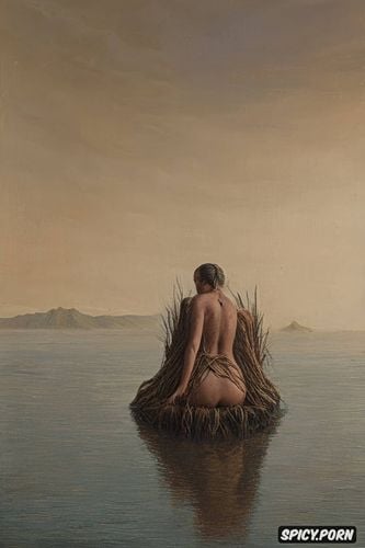 ominous atmosphere, royalty, spreading legs, hairy vagina, squatting in a river