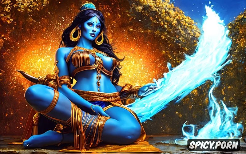 blue skined goddess kali, orange storm, dry ice, god rays, woman of the universe