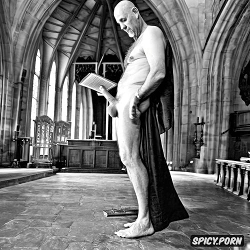 old man with hard veiny erected penis showing, cloak, nude, priest