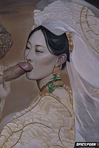 strong woman, chinese woman sucking a black penis, topless, confident look