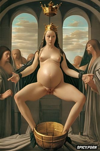 halo, wide open, spreading legs, pregnant, virgin mary nude