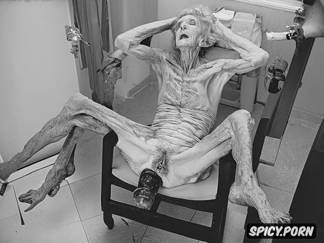 dead body, spreading legs, naked, grey hair, chair, very thin