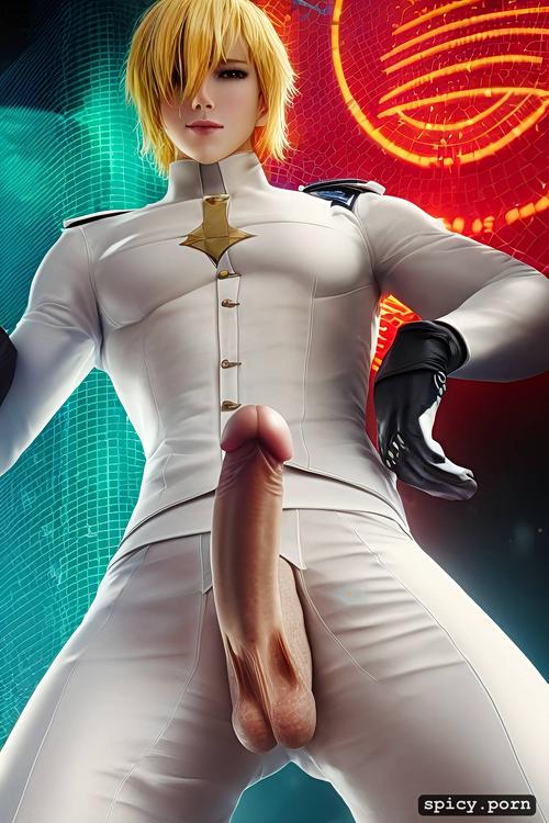 in anime style, 18yo prince in white uniform and pant off dick out and showing proudly his very big dick big penis