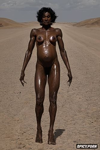 black ebony skinny, fit body, dark brown areolas, long outward facing empty breasts1 6