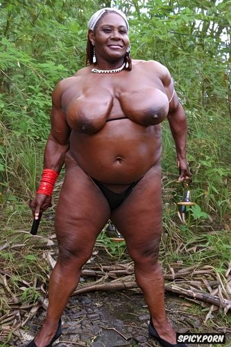 ebony granny, bodybuilding, trim, thick legs, oiled, natural tis with small areolas