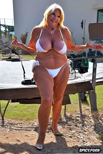 sexy senior american bimbo granny, seventy nine of age fit body tan lines blonde hair friendly bimbo granny huge overexaggerated bimbo tits long fingernails she is in a slingshot bikini she pulls bikini top to the side and smiles at me horny flashing bimbo granny indoors huge fake tits huge fake bimbo tits flashing gigantic tits