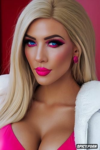 bimbo, pink lipstick, barbie, blowjob, eye contact, plastic