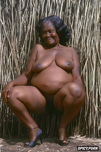 african elderly granny, gray long hair, high heels, plumper obese