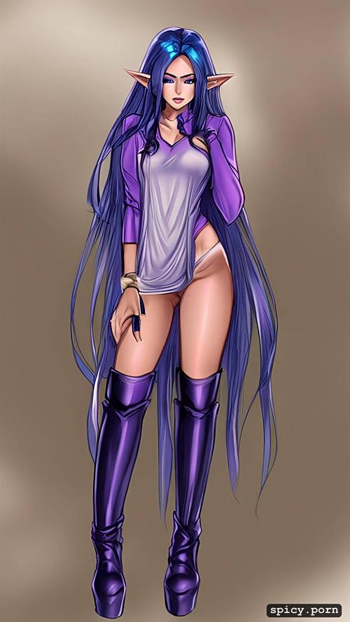 purple eyes, elf, pretty female, 20 yo, camisole, long blue hair