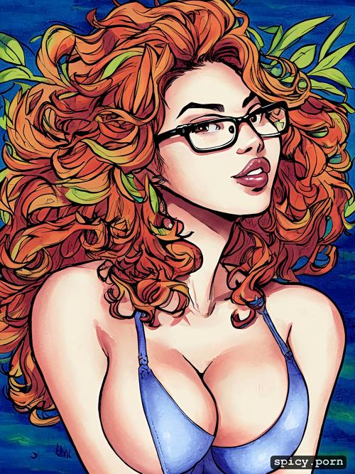 jungle, glasses, red hair, gorgeous face, yellow hair, short