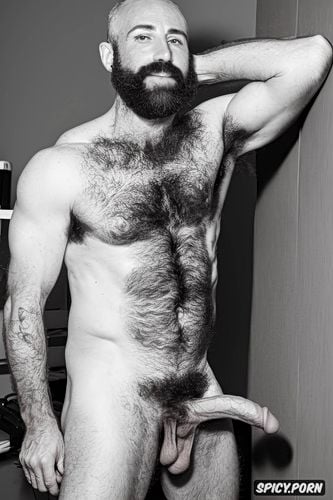 solo hairy gay muscular old man with a big dick showing full body and perfect face beard showing hairy armpits inside an office cubicle chubby body