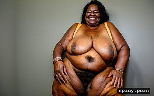ebony, fat, 80 yo, freckles, color, fat hanging boobs, full body