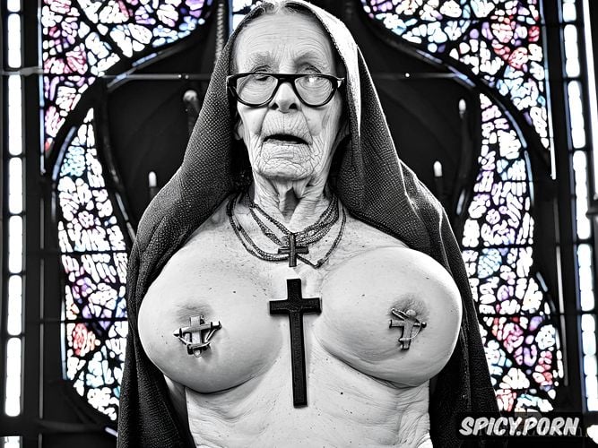 nun, very old ugly granny, naked, pale, showing pussy, grey hair