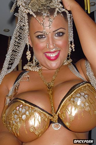 in an oriental bazaar, massive saggy breasts, color photo, beautiful bellydance costume with matching bikini top