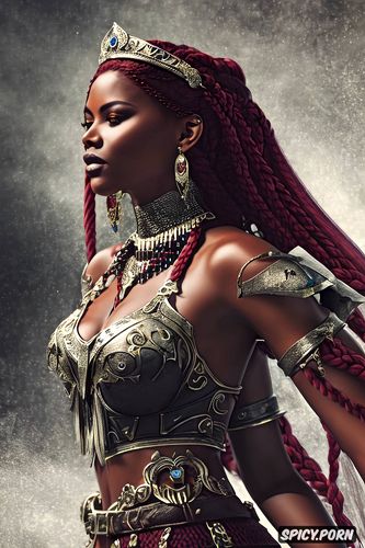 ultra detailed, ultra realistic, k shot on canon dslr, fantasy barbarian queen beautiful face ebony skin long soft dark red hair in a braid diadem full body shot
