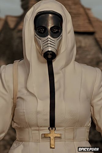 gothic, a huge chested french nun with a white hood wearing a large barrel wwii gas mask