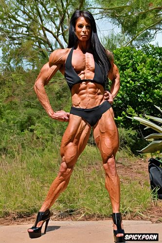 extremely beautiful female bodybuilder fingering herself, veins on legs