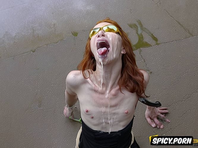 with sun glasses, completely naked, she vomits and shits a huge amount of very yellow piss