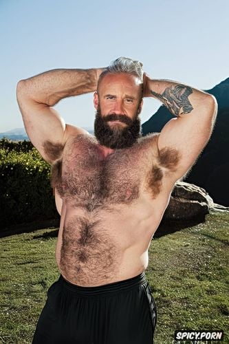 solo very hairy gay muscular old man with a big dick showing full body and perfect face beard showing hairy armpits football coach chubby body