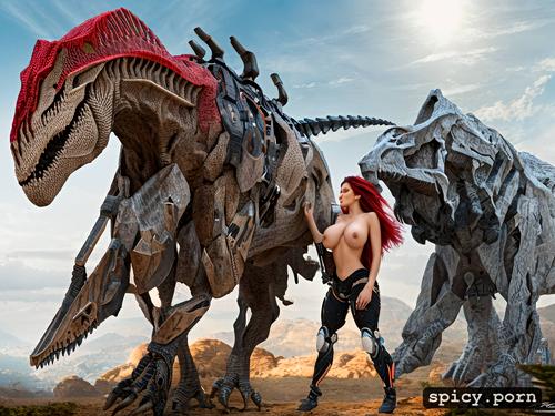 mech, strong warrior robot, nude, fighting dinosaur dinosaur is cyborg and vibrating vibrant