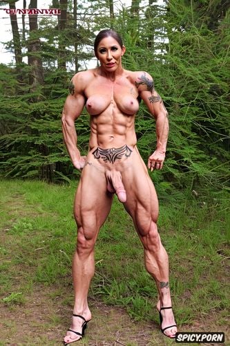 tattoos, mature, ultra realistic photo, bodybuilder, muscular futanari