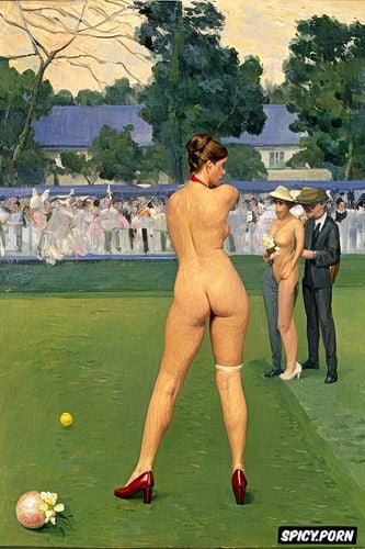 playing polo, félix vallotton, demure shy woman with red lips and flushed cheeks and dark eyes in shady garden party