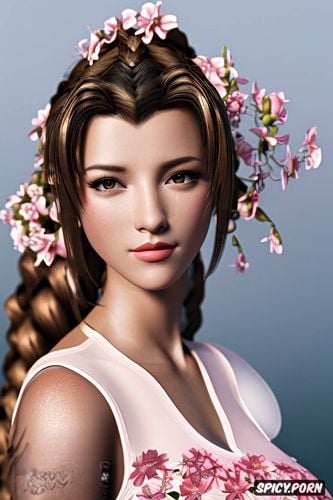 high resolution, ultra detailed, ultra realistic, aerith gainsborough final fantasy vii rebirth beautiful face young tight outfit tattoos flowers in hair masterpiece