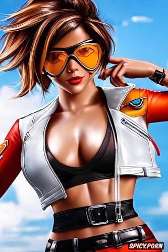 ultra detailed, ultra realistic, tracer overwatch black leather jacket red sports bra ripped jeans sun glasses beautiful face full lips milf full body shot