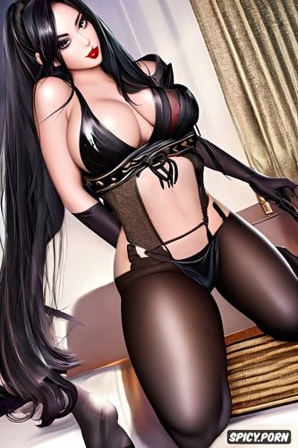 shiny, and massive big juicy thousand cc breasts with perky hard nipples that are peaking through the kimono kuro wears black a pitch black kimono that slightly covers her oiled curvy divine body her shoes are long