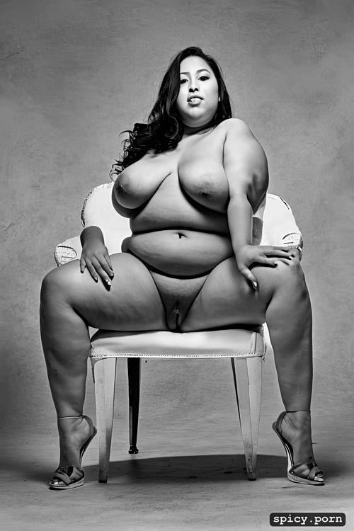 huge fat belly, really obese, long and heavy breasts she is sitting on a chair admiring how fat she has become her legs are spread to let her belly hang between them covering her vagina her hands are holding the sides of her belly as she masturbates obese