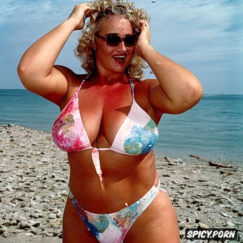 pastel colors, milf, blonde hair, chubby, selfie, on beach, 30 years old