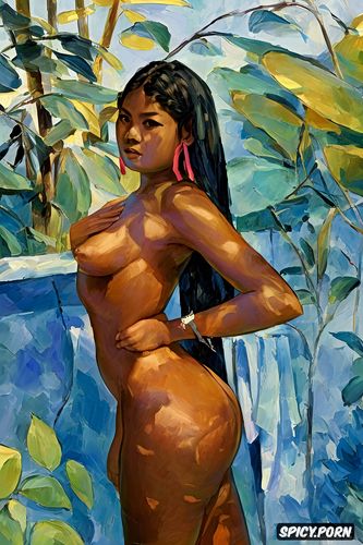 detailed face, impressionism, wide hips, painterly, very shy