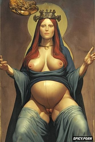 spreading legs shows pussy, crown on head radiating, virgin mary nude