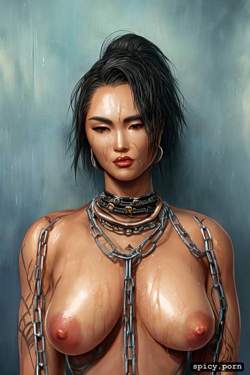 highres, peril, topless, wet pussy, small tits, korean ethnicity