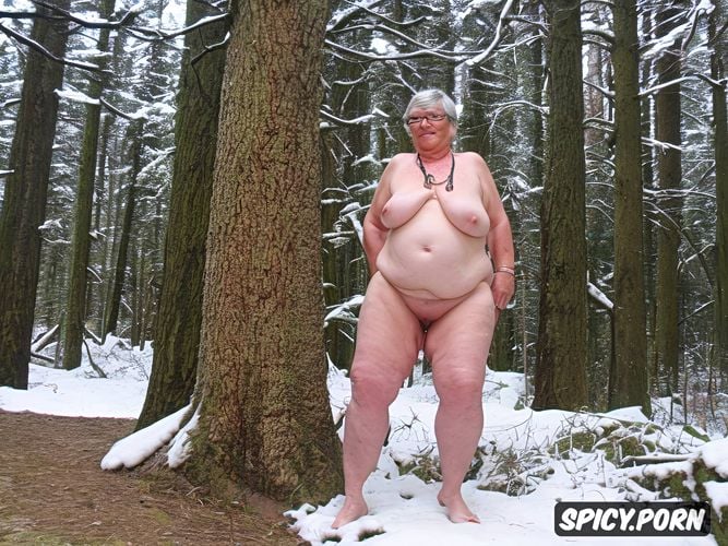 wrinkly saggy skin, detailed face, nun, pierced nipples, forest